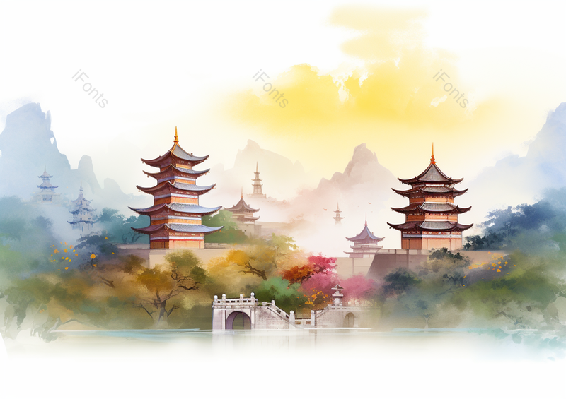 大唐芙蓉园中国风山水水墨城市地标建筑西安,插画/手绘图,插画/手绘图库,插画/手绘图下载,插画/手绘